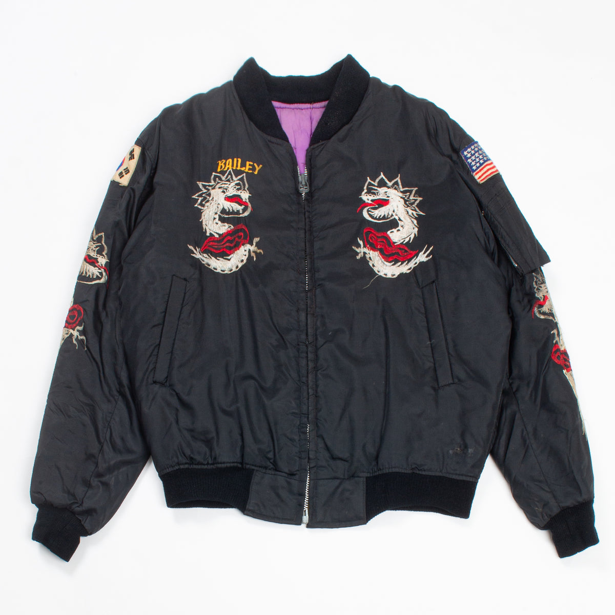 70s Vintage Korean Tailor-Made Souvenir Bomber Jacket - Large