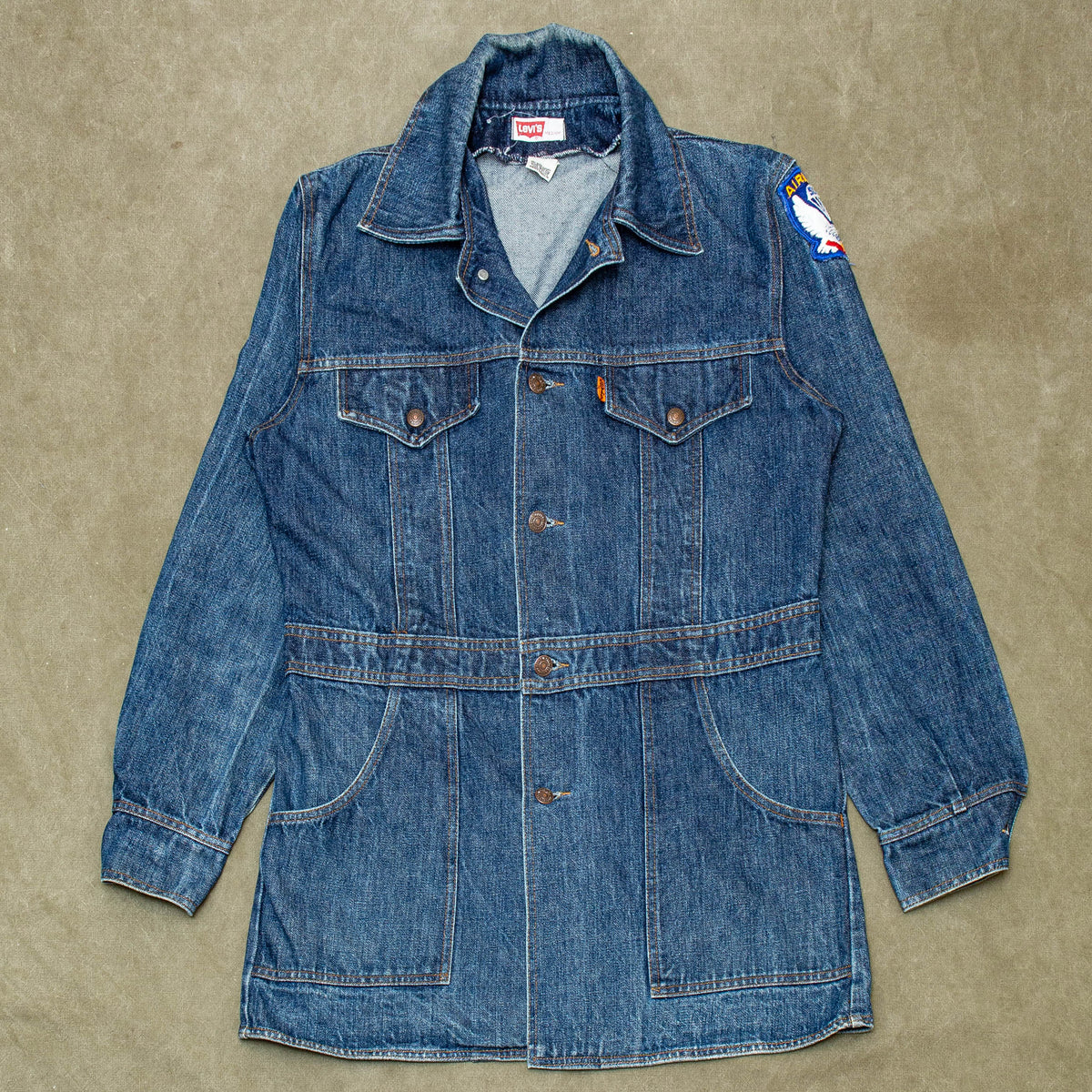 70s Vintage Levi's Orange Tab Long Denim Chore Jacket - Medium