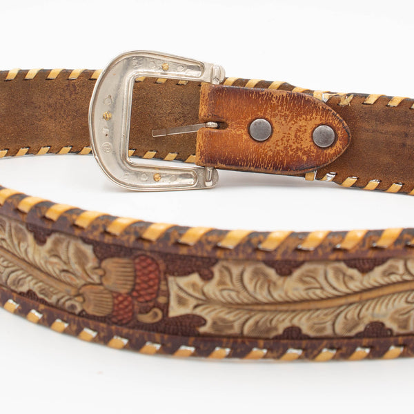 1970s Vintage Embossed Western Leather Belt - 36