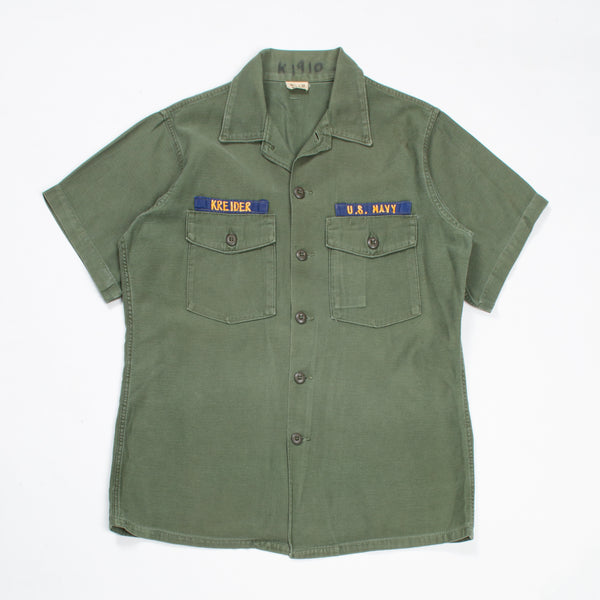 60s Vietnam War Vintage US Navy 3rd Pattern OG-107 Sateen Utility Shirt - Medium