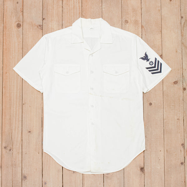 Original 1960s Vietnam War Vintage US Navy White Cotton Soft-Collar Shirt - Medium