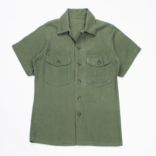 60s Vietnam War Vintage Seabees 3rd Pattern OG-107 Sateen Utility Shirt - Medium