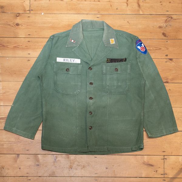 1950s Vietnam War Vintage 11th Air Assault 1st Pattern OG-107 Sateen Utility Shirt - Medium