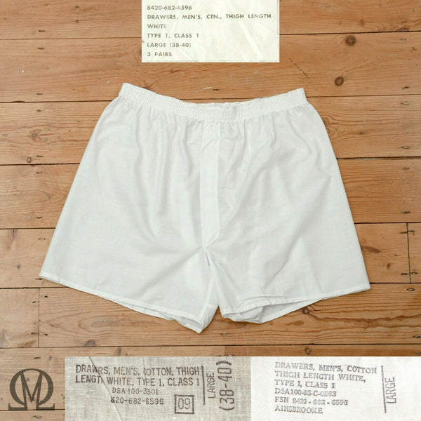 Early 1960s Vietnam War Era US Army White Boxer Shorts Underwear Drawers - Large